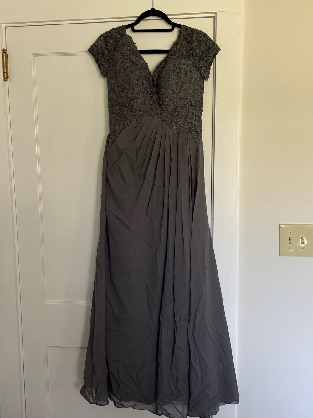 JJ's House Grey Lace Bodice V-Neck Evening Dress